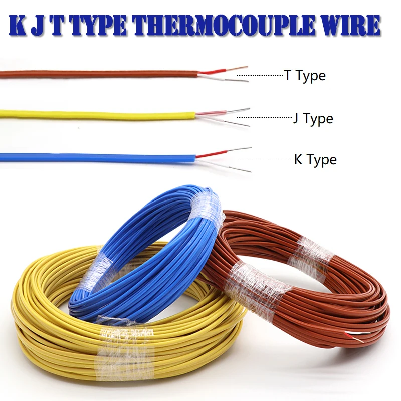 5/10/50m K J T Type Thermocouple Wire 2 Cores High Temperature Measuring Compensation Cable PTFE Insulator Electronic Line