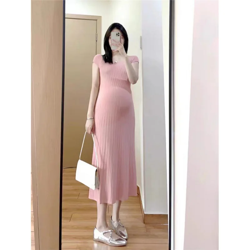 

Summer New Pregnant Women's Mid Length Knitted Ice Silk Solid Color Dress Wearing Off Shoulder Commuting Minimalist Skirt