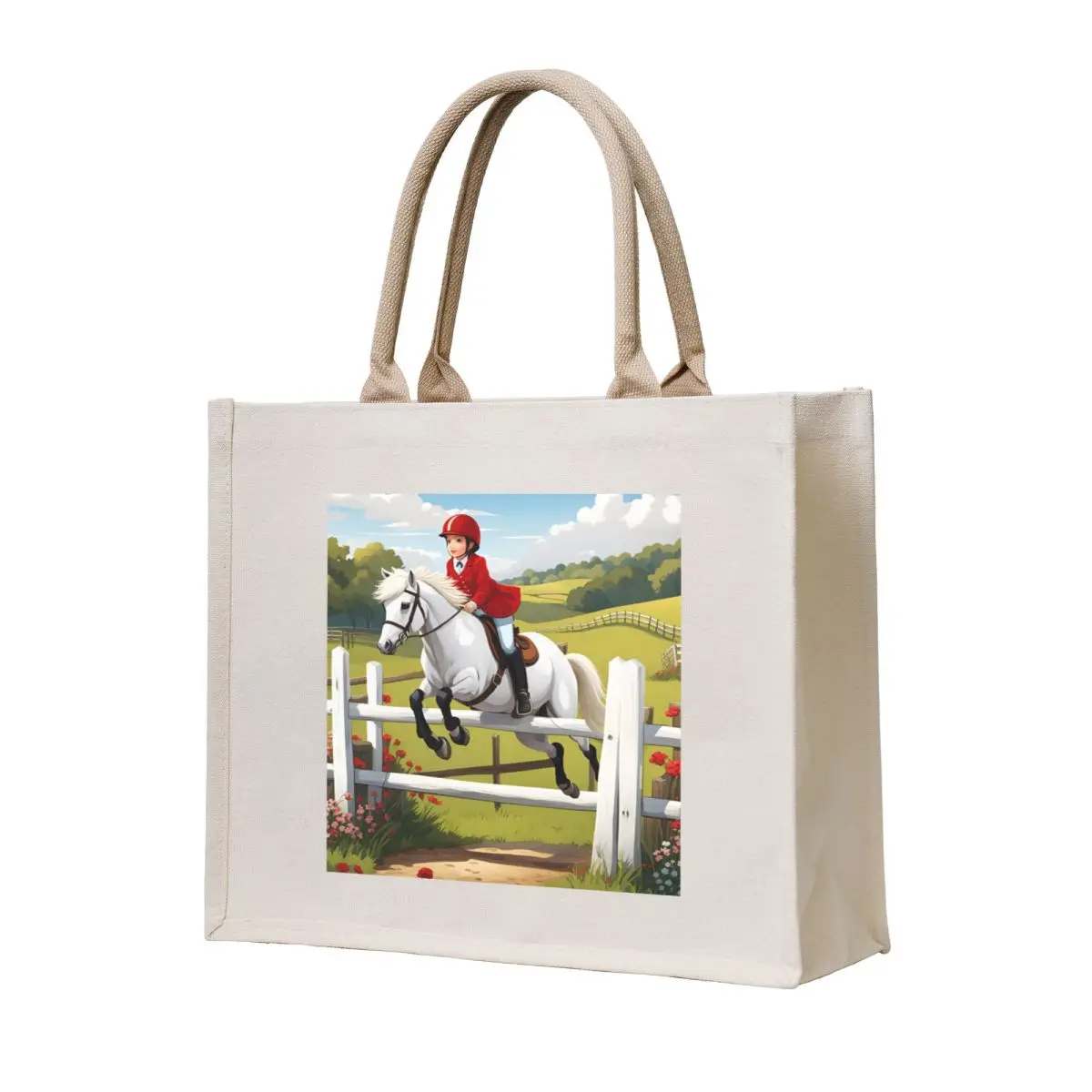 White pony with girl rider jumping a fence Tote Bag women bag bag for beach Canvas for women great