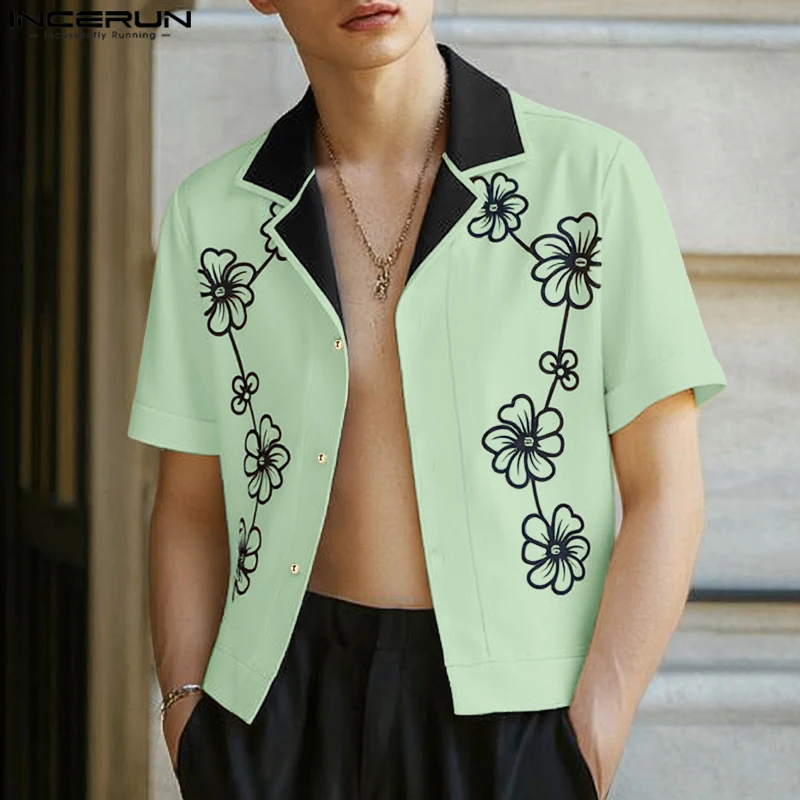 

Men Shirt Flower Printing Patchwork Lapel Short Sleeve Male Shirts Summer Loose Streetwear Fashion Casual Men Clothing INCERUN