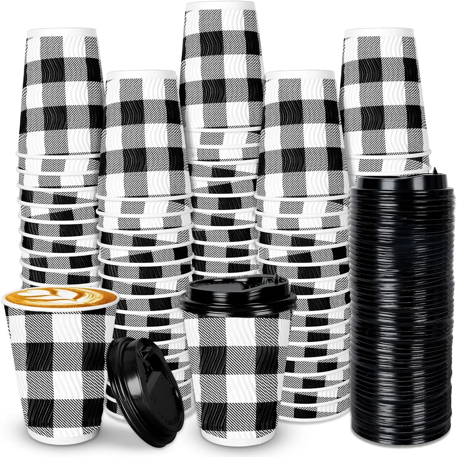 

50Pcs Christmas Disposable Coffee Cups with Lids Classic Xmas Buffalo Plaid Paper Cups Black White Ripple Wall Drinking