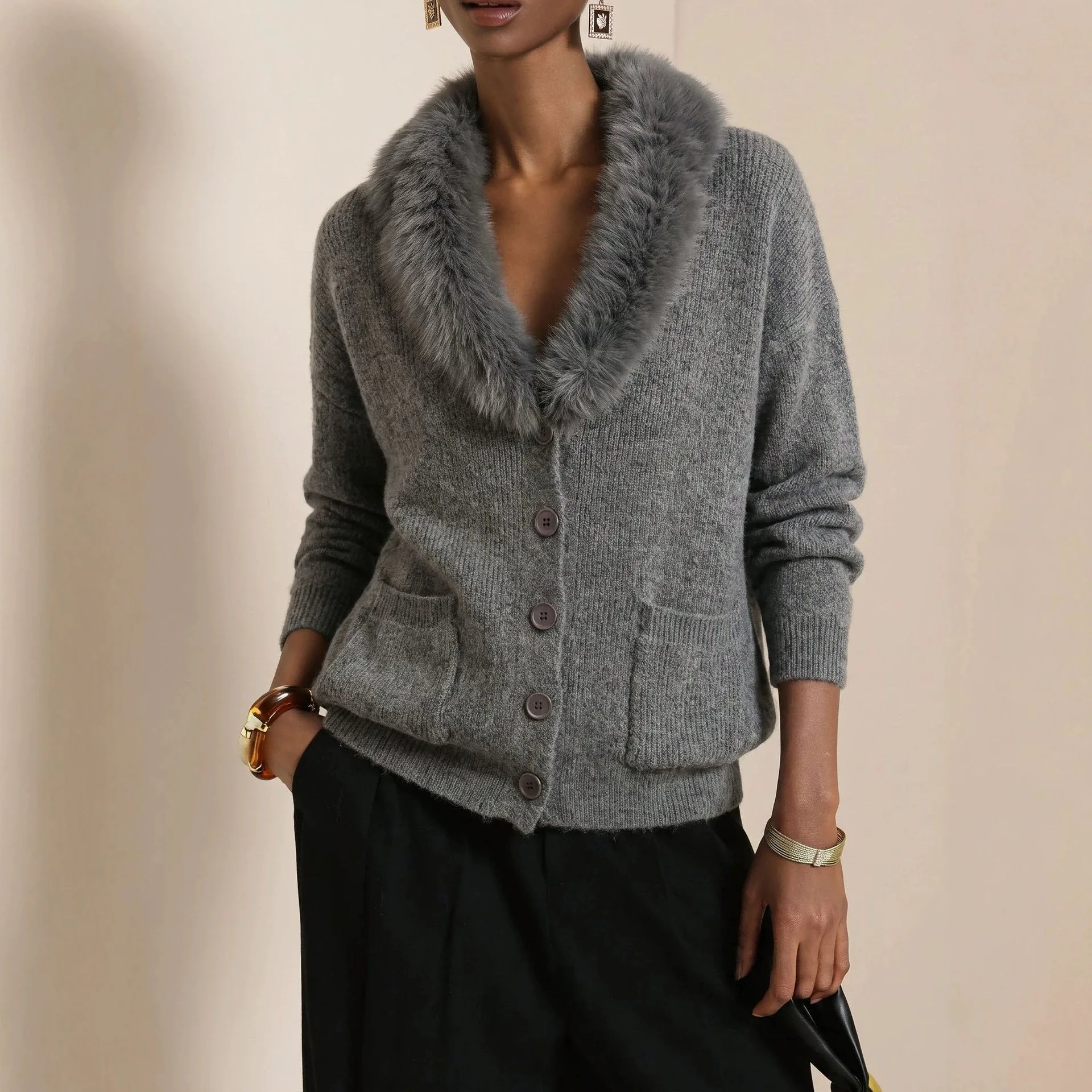 Women's Fur Collar Knitted Cardigan Autumn and Winter New Long-sleeved Fashion Casual Solid Color Pocket Sweater Jacket