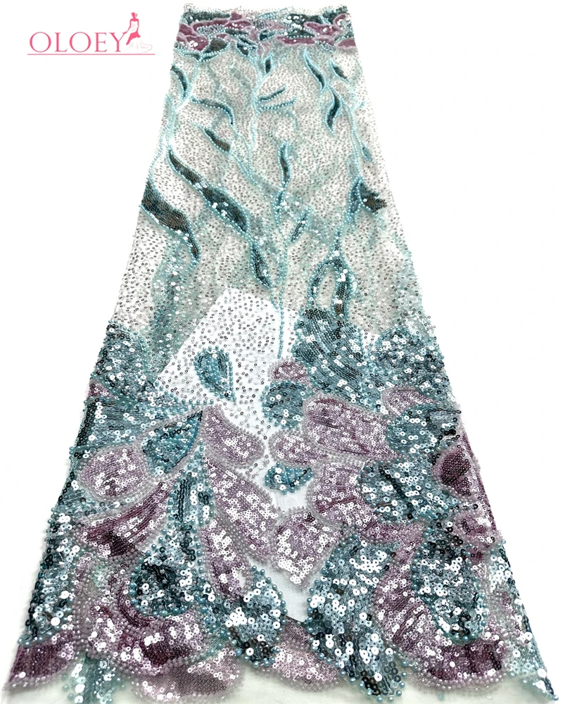 

OLOEY African French Tulle Sequins Beaded Lace 5 yards Nigerian Embroidered Lace Fabrics For Ladies Party Wedding Dresses Sewing