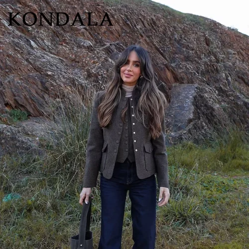 KONDALA 2025 Otoño Invierno chaquetas Vintage a cuadros para mujer moda país marrón bolsillos de un solo pecho chaquetas elegantes elegantes para mujer