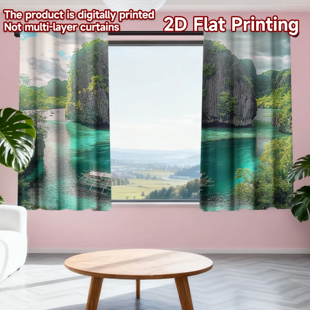 

2D flat printing 2pcs Window Treatment Curtains Tranquil Island Lagoon Digital Printed Polyester Drapes Festive Wall Decor for