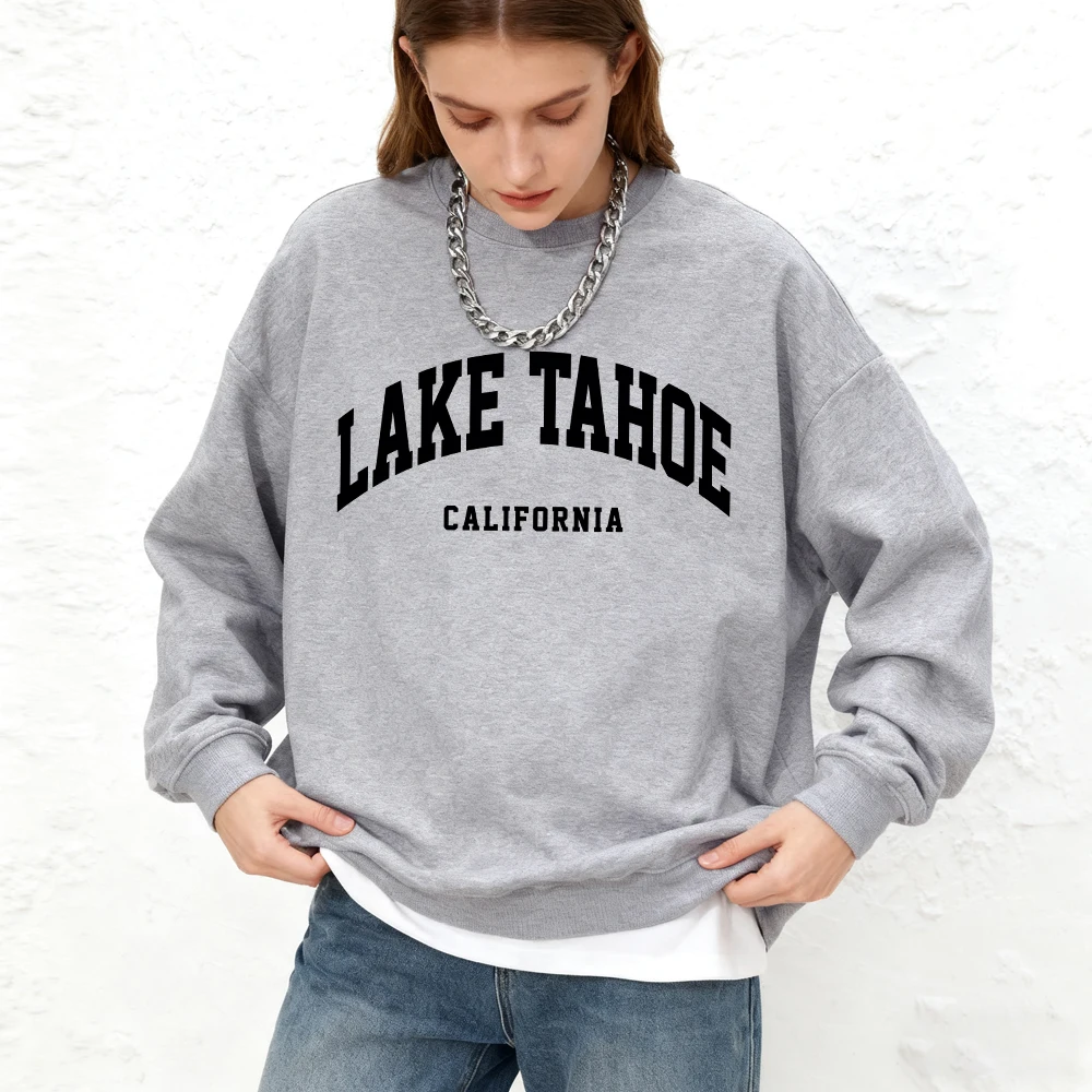 레이크 타호 캘리포니아 프린팅 여성용 스웨트셔츠 겨울용 따뜻한 조깅 후디 캐주얼 오버사이즈 크루넥 탑스 스포츠 여성복