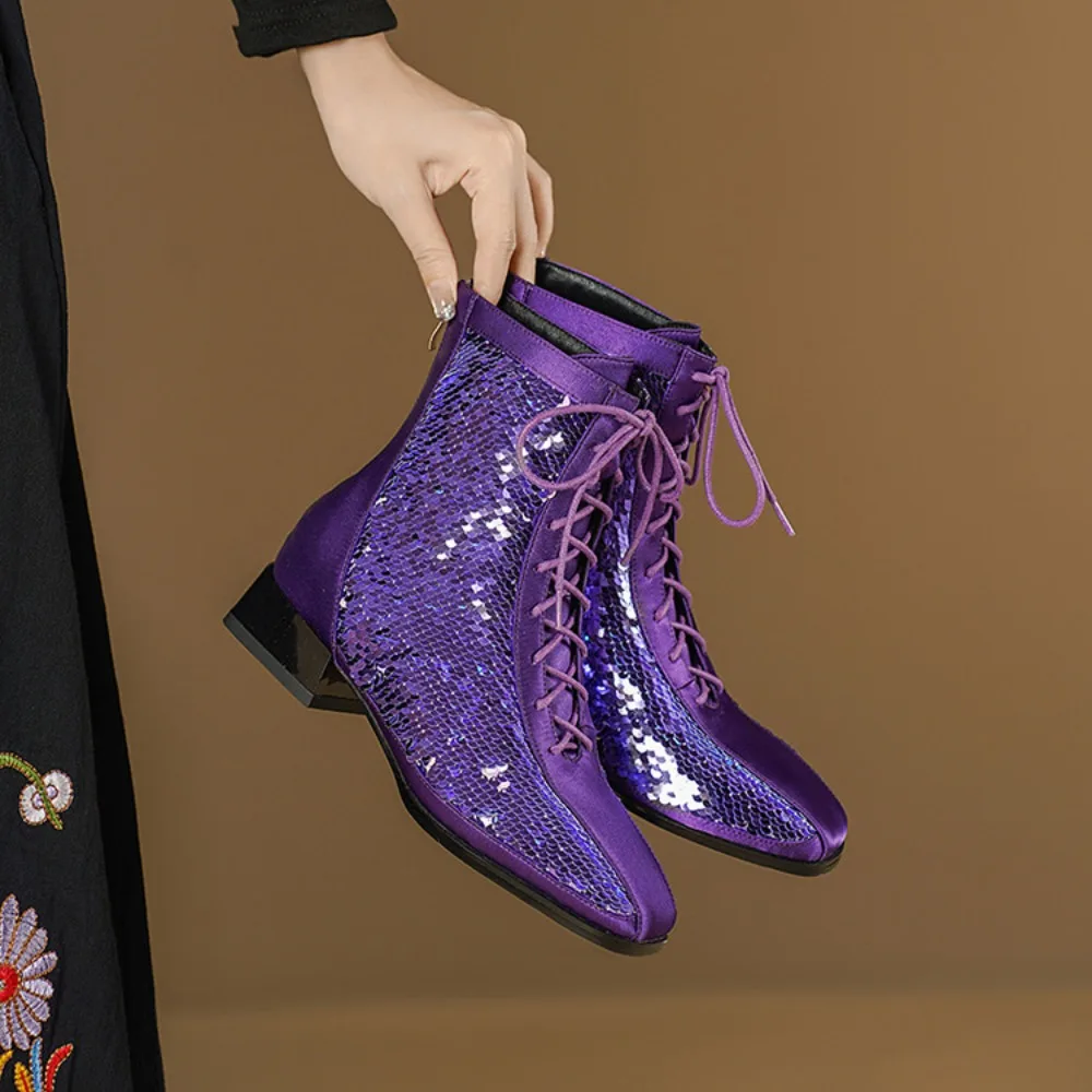 

Цветная обувь с блестками, осенние и зимние женские ботильоны, модная женская клубная обувь волшебного цвета, ботинки с блестками на низком каблуке