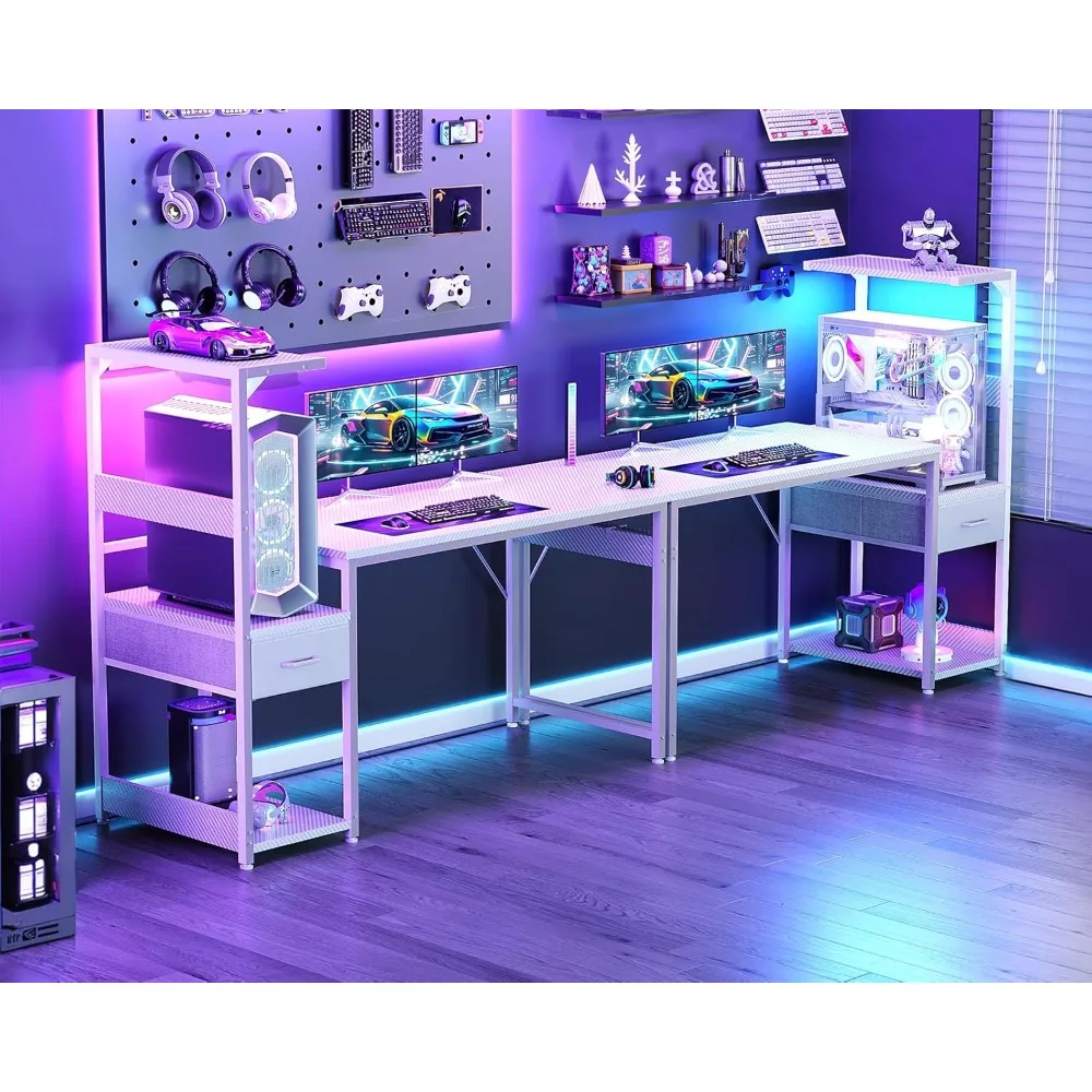 LED-Illuminated 48 Reversible Modern Gaming Desk with Storage and Fabric Drawers, featuring Display Shelves for Enhanced Compute
