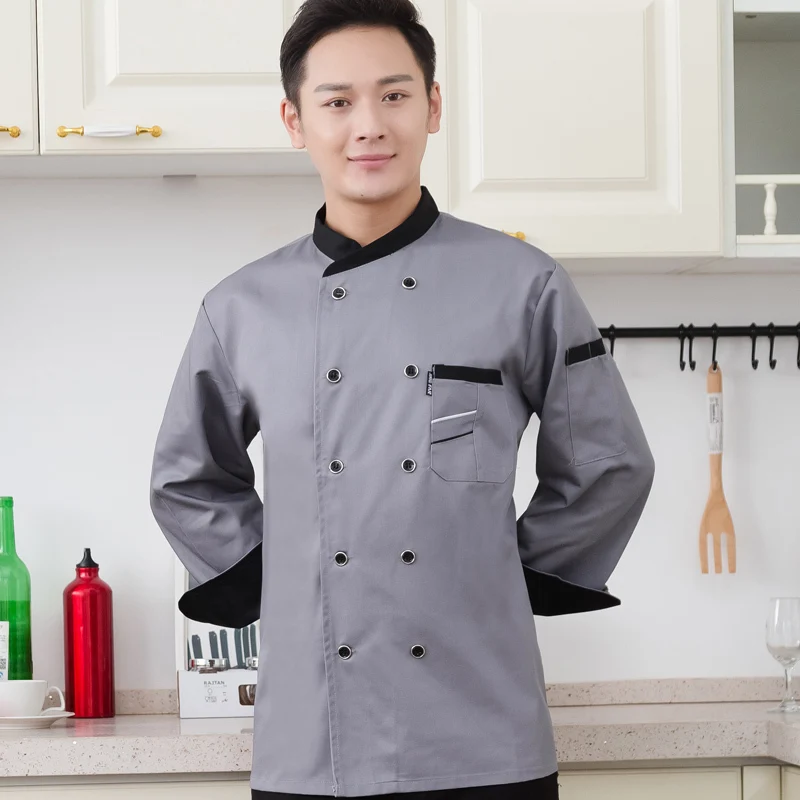 Chaqueta de Chef para hombre, camisa de manga larga, delantal, sombrero, abrigo de cocinero de panadería, ropa de pastelería, uniforme de camarero de restaurante, logotipo impreso