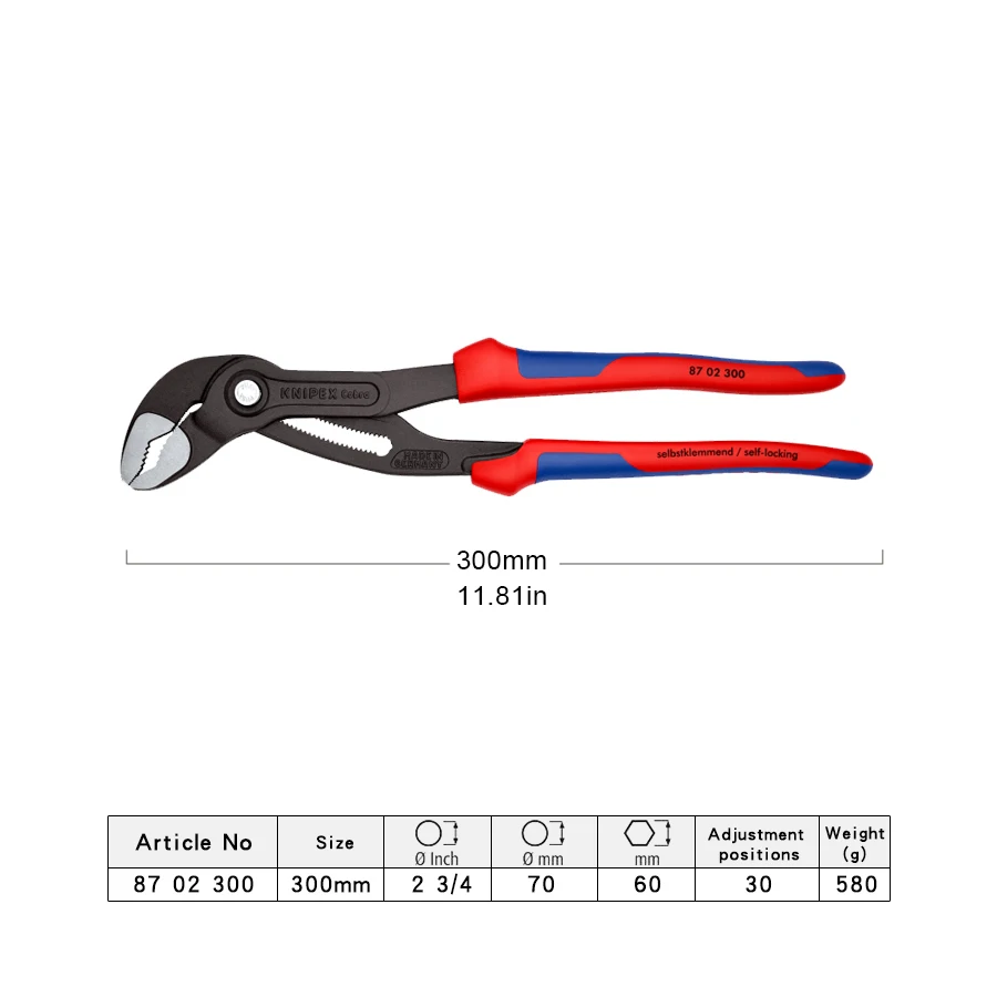 KNIPEX Cobra® High-Tech Water Pump Pliers Non-slip Handle Adjustable Quick-release Plumbing Spanner 8702300