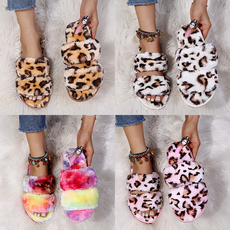 New Winter Women Leopard Pattern Plush Slippers Open Toe Soft Sole House Shoes Woman Indoor Comfort Warm Faux Fur Home Slippers