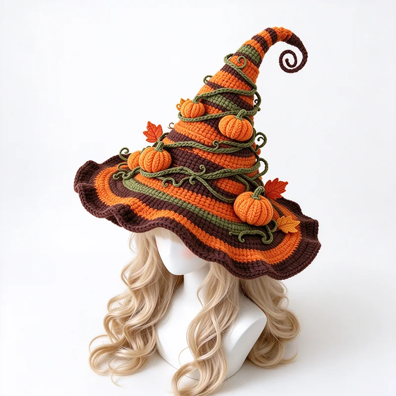 Handmade Colorful Halloween Striped Pumpkin Witch Wizard Hat Men Custom Crochet Ruffled Knit Beanie Women Cosplay Festival Cap