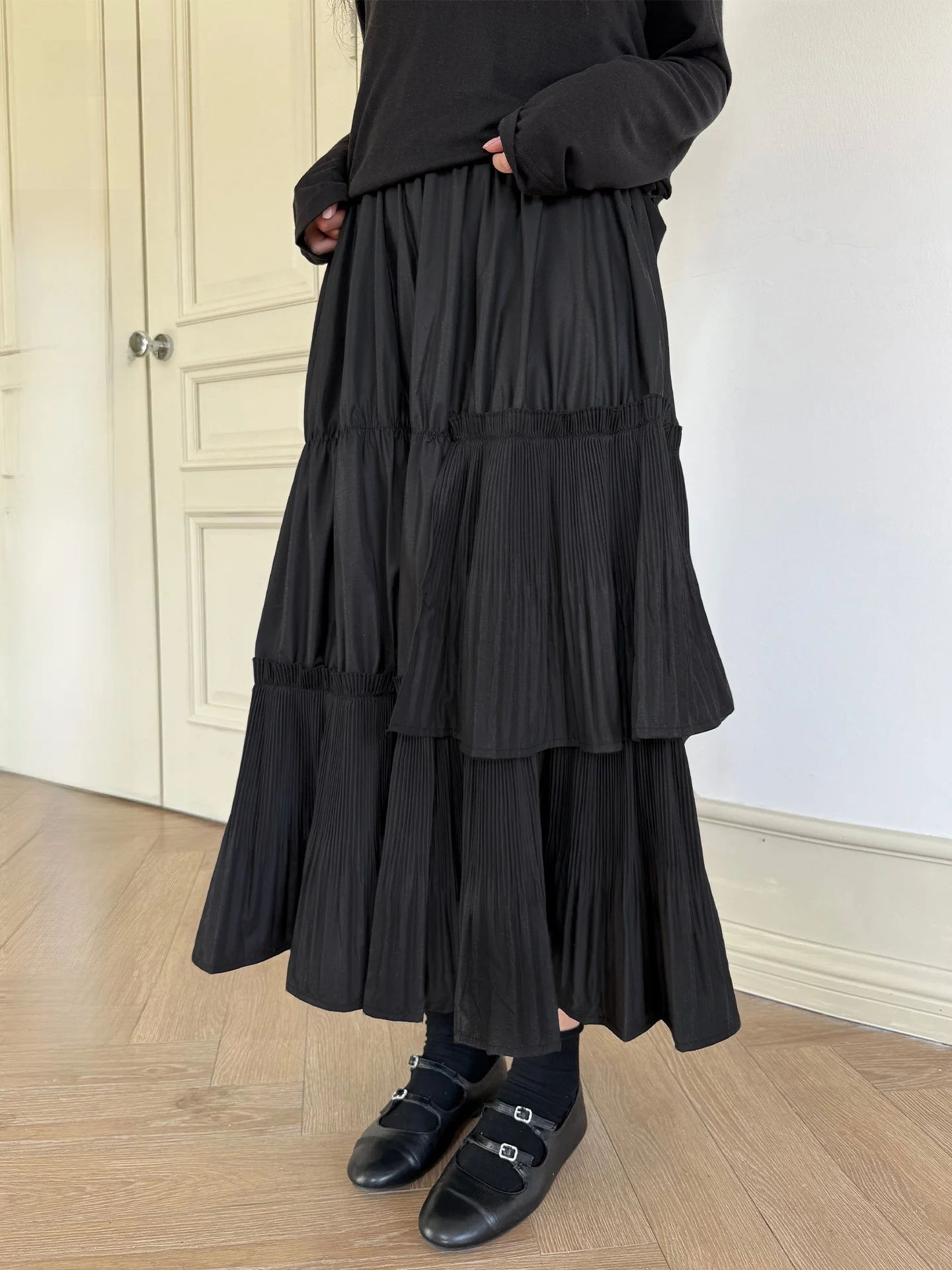 Land And Mountain Island【Gold】Multi-Layered Pleated Wooden  Dark Half-Skirt A-Line Cake Skirt Women's Cotton Blend Fabric