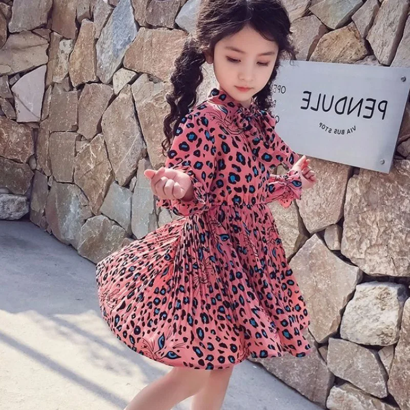 girl dress 2022 spring cartoon casual full sleeves Leopard Print kids children girls princess dress pink  1-12 years