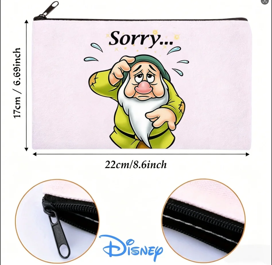 1 unidad de neceser de lona de Disney con diseño del enano Bashful y la frase "Lo siento...", bonito organizador de maquillaje de Blancanieves