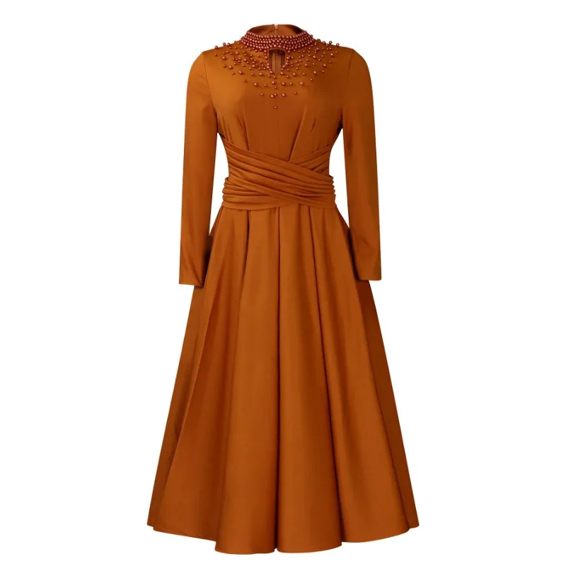 Women's New Pullover High Neck Elegant Beaded Large Swing Waist Dress Temperament Commuting Female Fashion Party Pleated Dresses