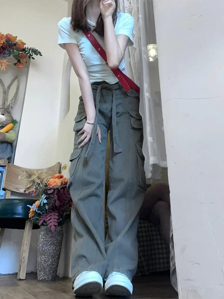 Militärische Arbeitskleidung, weite Beinhose für Damen, Sommer, dünn, locker, lässig, Sport, lange Hose, hohe Taille, Baumwolle, 00 %