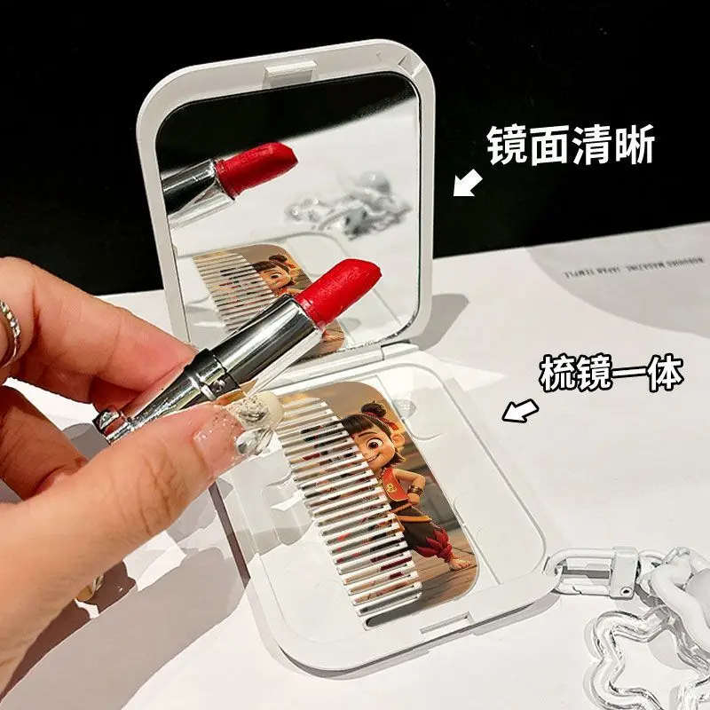 New Cartoon Cute Anime Nezha Mirror Diy Kawaii Magic Child Portable Folding Makeup Single-Sided Mirror Comb Set Holiday Gifts