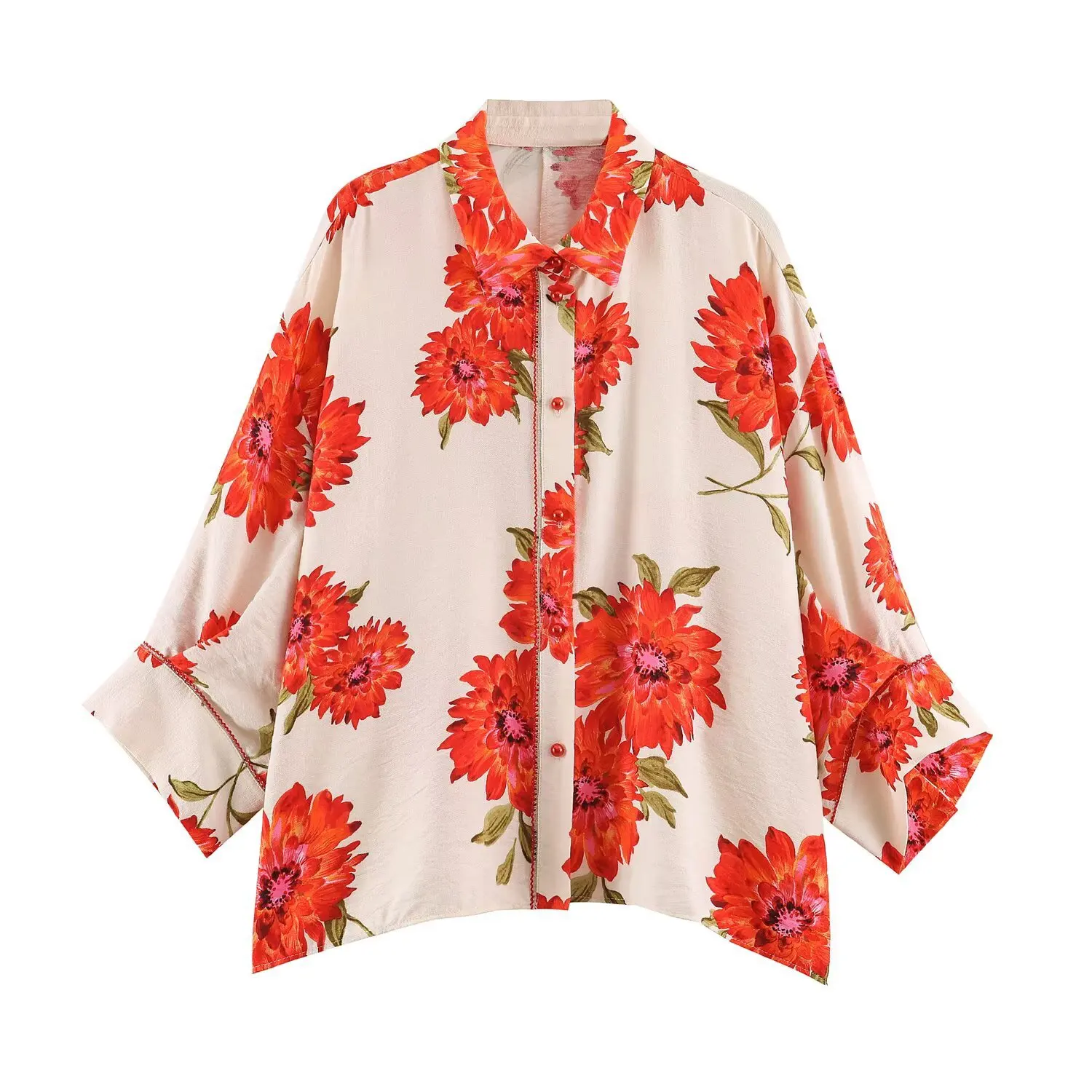 Maxdutti Women's Clothing 2026 Autumn New Style Simple And Fashionable Flower Printed Mid Sleeved Shirt