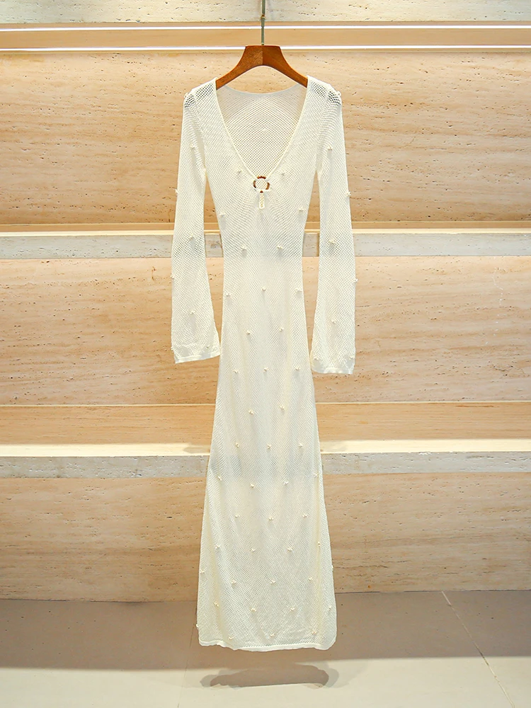 

SIVOS High-End Women's Summer Hollow out Knitted Long Dr Ele French Sle High Waist A-Line Skirt V-Ne Long Sve