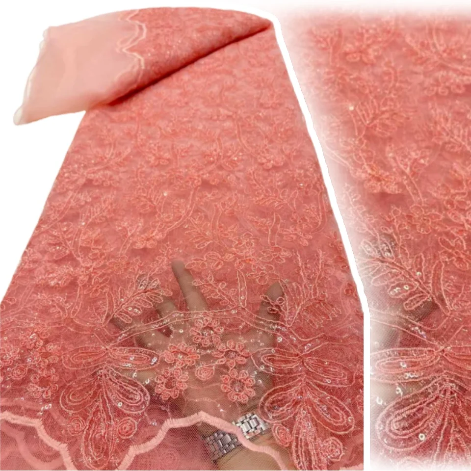 

2026 High-Quality French Yellow African Beaded Lace Fabric Nigerian Sequined Lace Fabric Women's Wedding Party Dress Sewing 2554