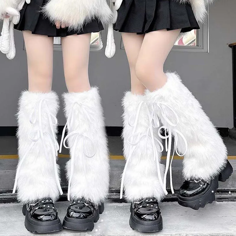 

Зимние теплые гетры с лентой и бантом, женские пушистые плюшевые морозостойкие милые ботинки JK для девочек, чулки в стиле Харадзюку, мягкие чехлы для ног
