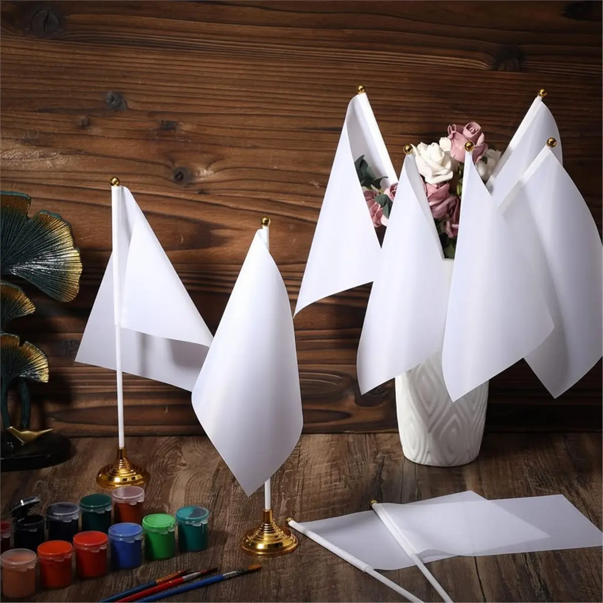 ABNQ 48 Pcs Mini Tabletop Flag Stand Holder 4 X 6 Inch Small Flag Base for Table Desktop Party Desk Centerpiece Gold