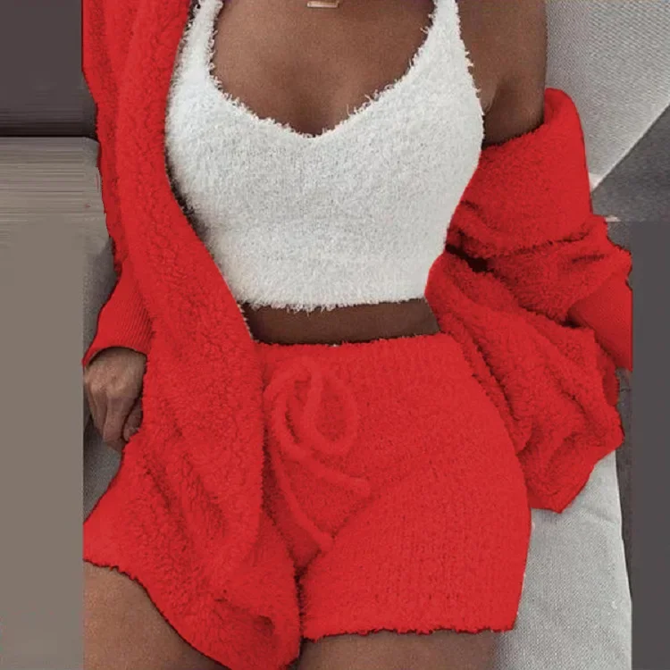 3-teiliges Plüsch-Hauskleidungs-Set für Damen, lässiger Pyjama, langärmelige Jacke, Hosenträger und Weste, Shorts, Sport-Set