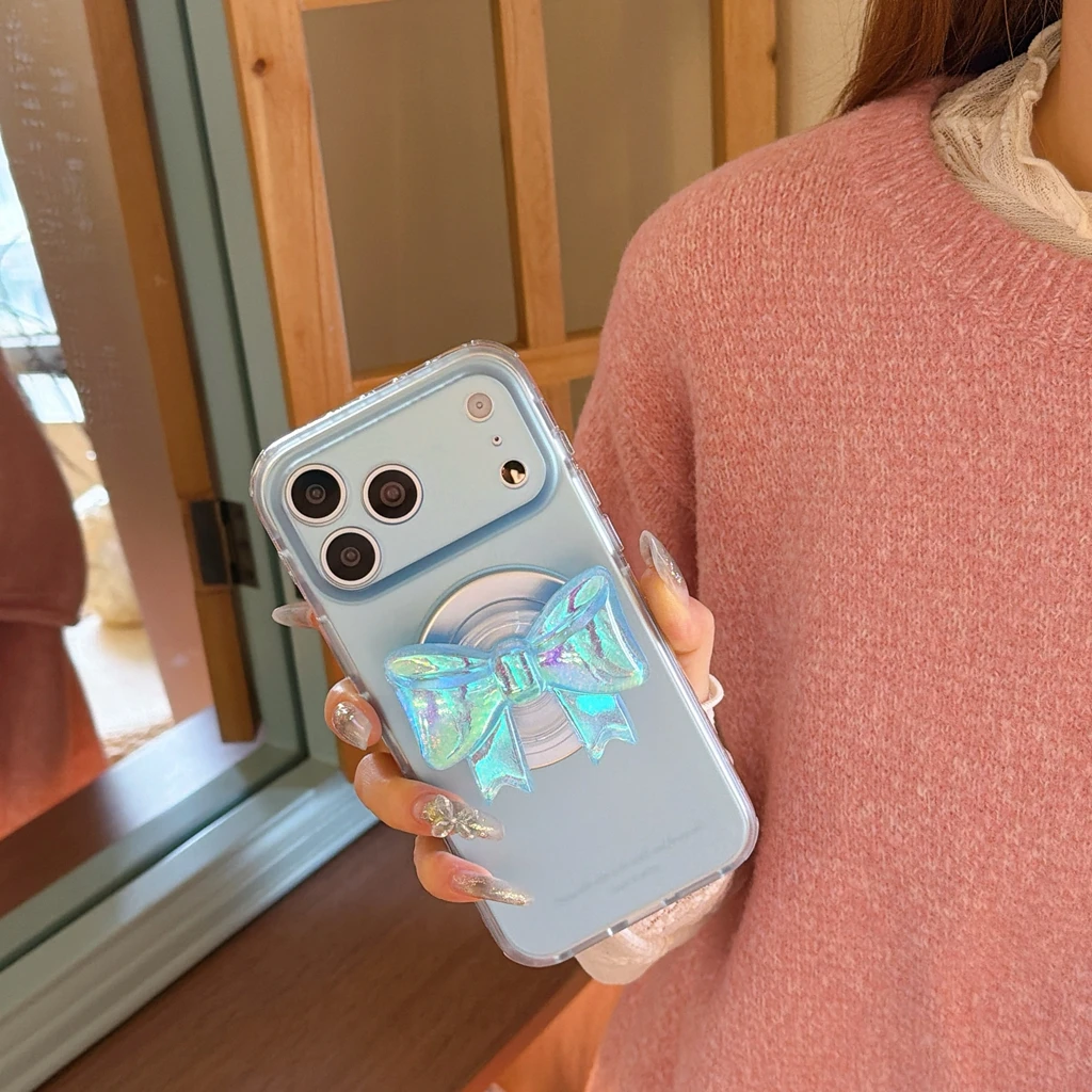 

Fashionable Blue Laser Bow With Holder Magnetic Wireless Charging Shock Proof Phone Cover Case for iPhone 17 16 15 Pro Max