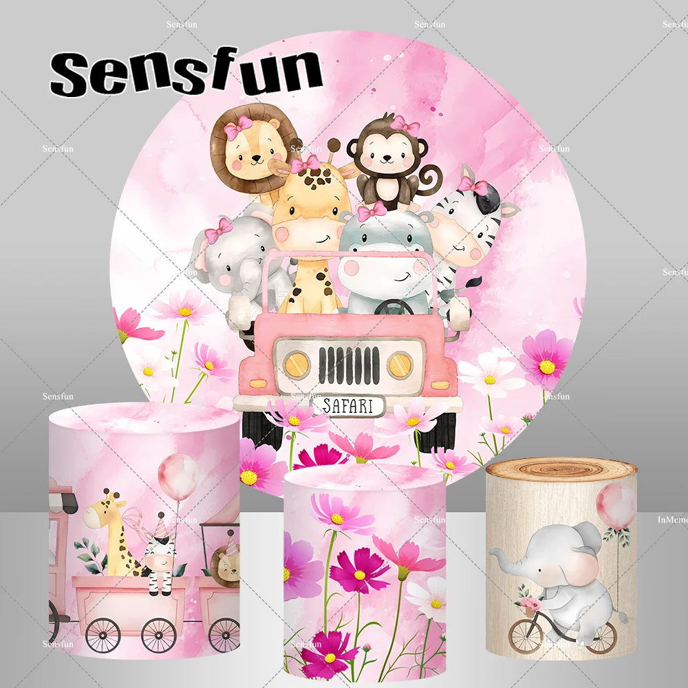 

Pink Driving Car Animals Girls Safari Jungle Party Backgrounds Elephant Tiger Zebra Giraffe Backgrounds Cylinder Covers