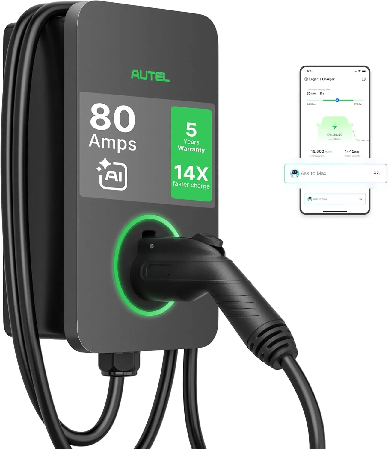 

Level 2 EV Charger with AI Cloud, 80A Fast Charging, Indoor/Outdoor J1772 Hardwired Station