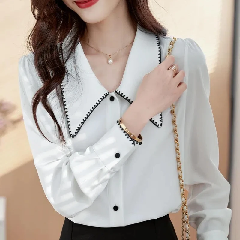 Spring Autumn New Doll Collar Long Sleeve Fashion Shirt Women High Street Casual Loose Button Cardigan Elegant All-match Tops