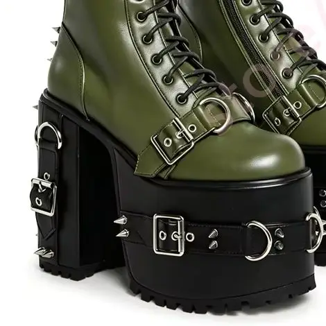 Damen-Plateau-Kniestiefel mit Nieten, Metallring-Schnalle, Schnürung, seitlichem Reißverschluss, Gothic-Punk-Stil, klobiger Blockabsatz, Cosplay-Stiefel
