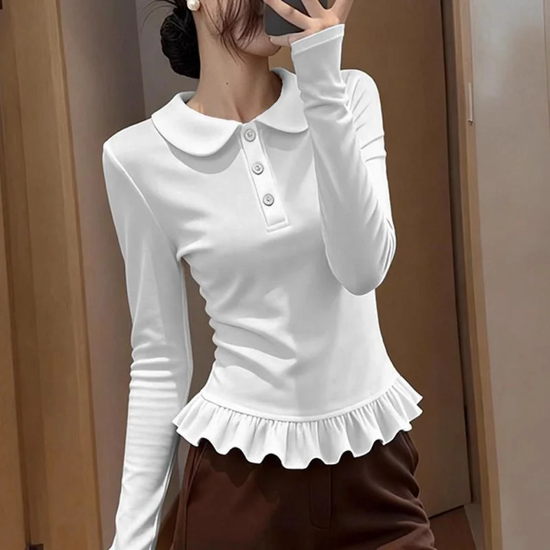 

Женская футболка с длинным рукавом и воротником «кукла» с оборками, облегающая, однотонная, весна-осень 2026