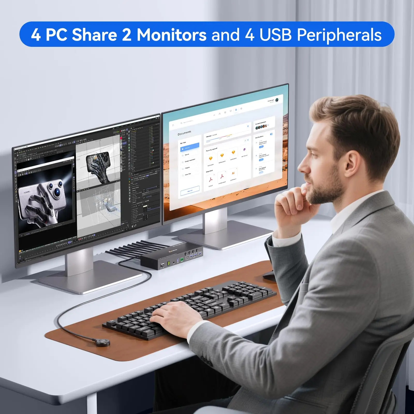 USB 3.0 KVM Switch 2 Monitors 4 Computers Displayport HDMI EDID Emulation Audio RS232,4K@60Hz KVM Switch 4 PC Share 4 USB 3.0