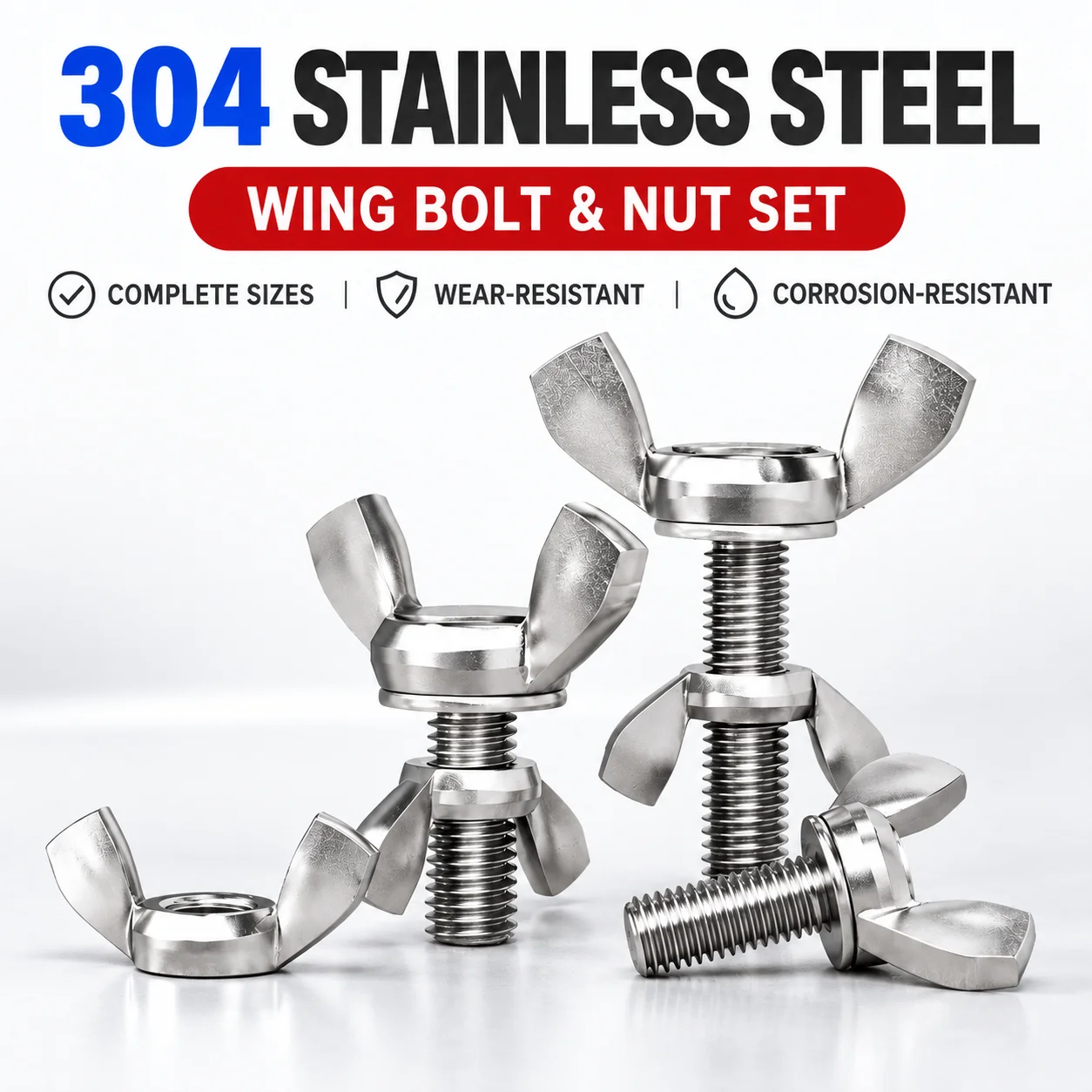 3 sets of 304 stainless steel butterfly wing bolt nut combination manually tightened adjustable butterfly head finger screw