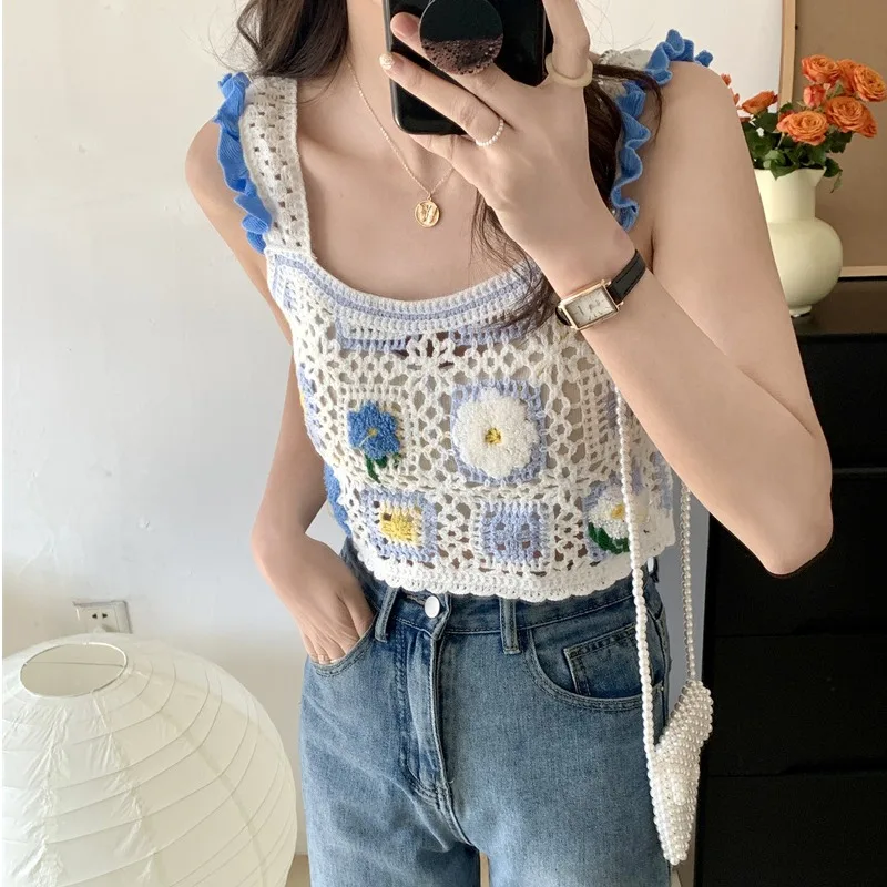 

Summer New Sweet Retro Floral Lace Hollow out Short Top Women's Outerwear Small Strap Vest Loose Fit Knitted Sweater