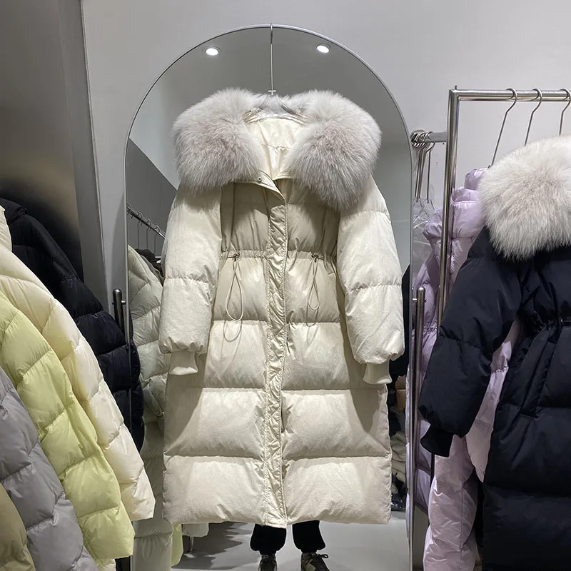 

2025 зимняя новая повседневная модная тонкая теплая куртка женская белая утиная пуховая куртка из натурального лисьего меха настоящая длинная куртка-пуховик женская