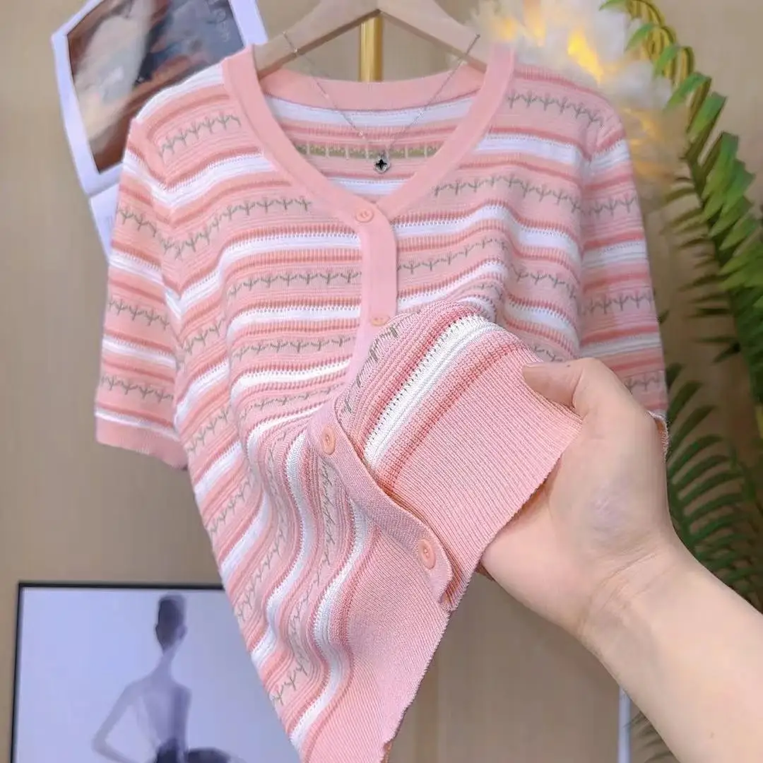 

Summer New plus Size Women's T-irt Pink ort Sve Striped Color Blo Slimming Top Korean Sle Ci Walk Coolmax Fabric