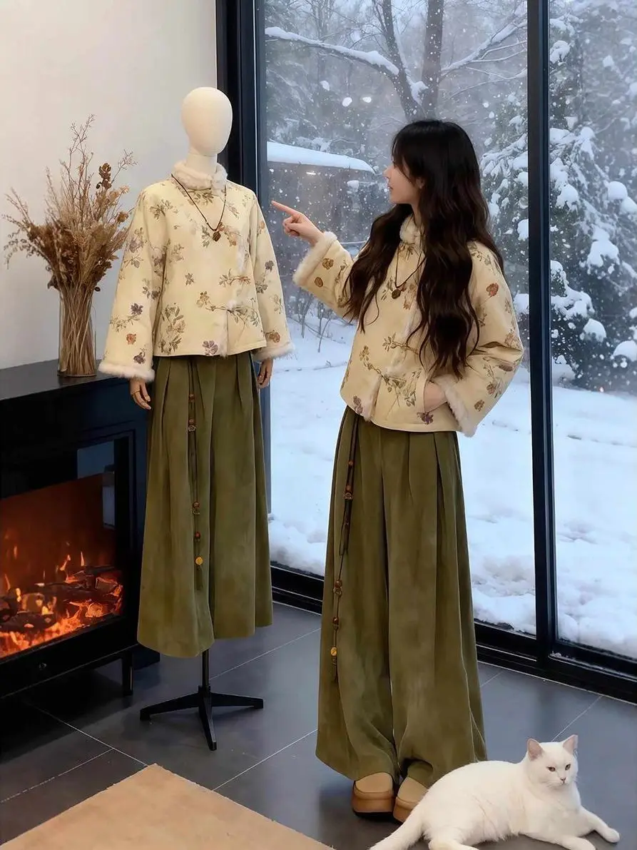 

Новый китайский зимний модный комплект: теплая пушистая хлопковая куртка и повседневные брюки, двухсоставный костюм для холодной погоды