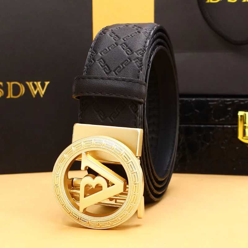 

Мужской гладкий ремень с автоматической пряжкой — натуральный искусственный текстурированный квадратный узор, черный, простой и стильный дизайн для повседневной одежды