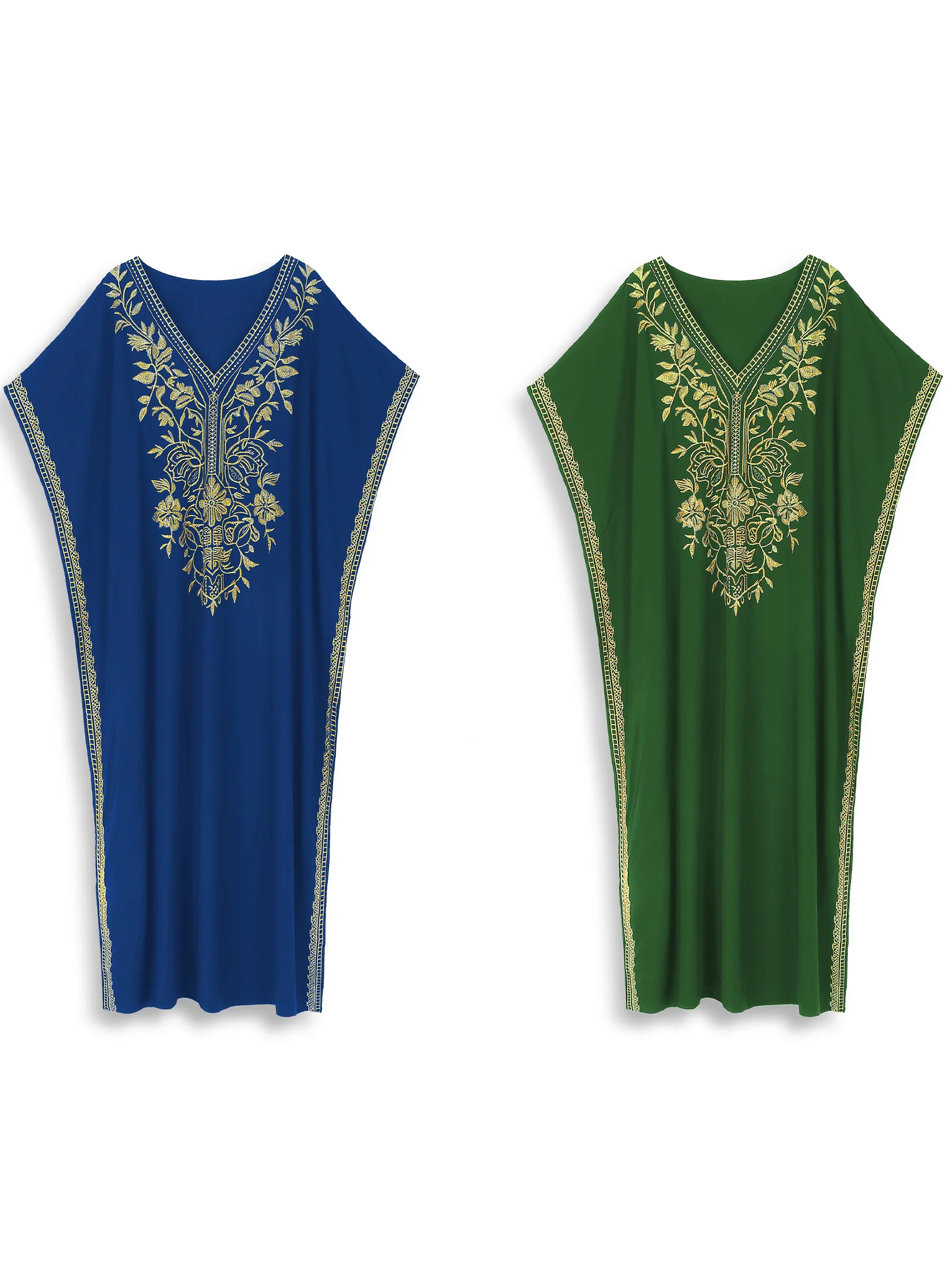 2024 Women Dress V-neck Embroidered Clothing Summer Beach Kaftan Casual Short Sleeve Loungewear Loose Maxi Dresses Q1642