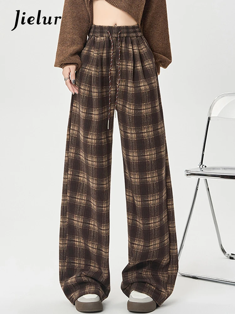 

Winter Vintage Chicly Drawstring Loose Straight Women Pants New Plaid Contrast Color Full Length Fashion Female Wide Leg Pants