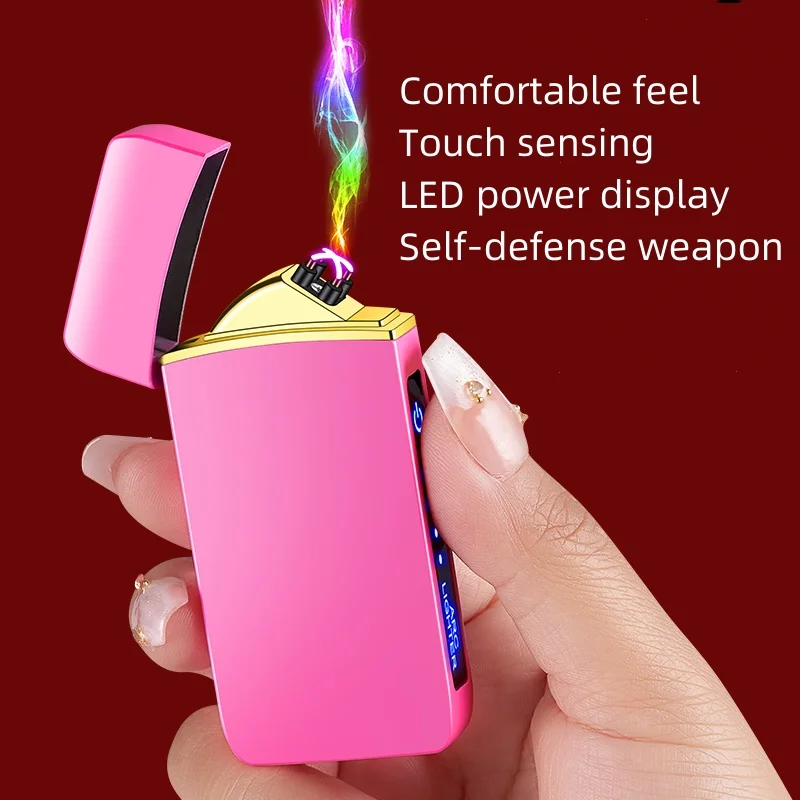 New Electric Windproof Metal Lighter Double Arc Flameless Plasma Rechargeable USB Lighter LED Power Display Touch Sensor Lighter