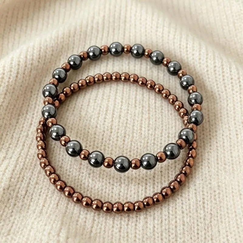 1/2 Pack Brown Hematite Beaded Bracelet Stretchy Polished Smooth Surface Trendy Jewelry for Unisex Daily Wear 1/2pcs