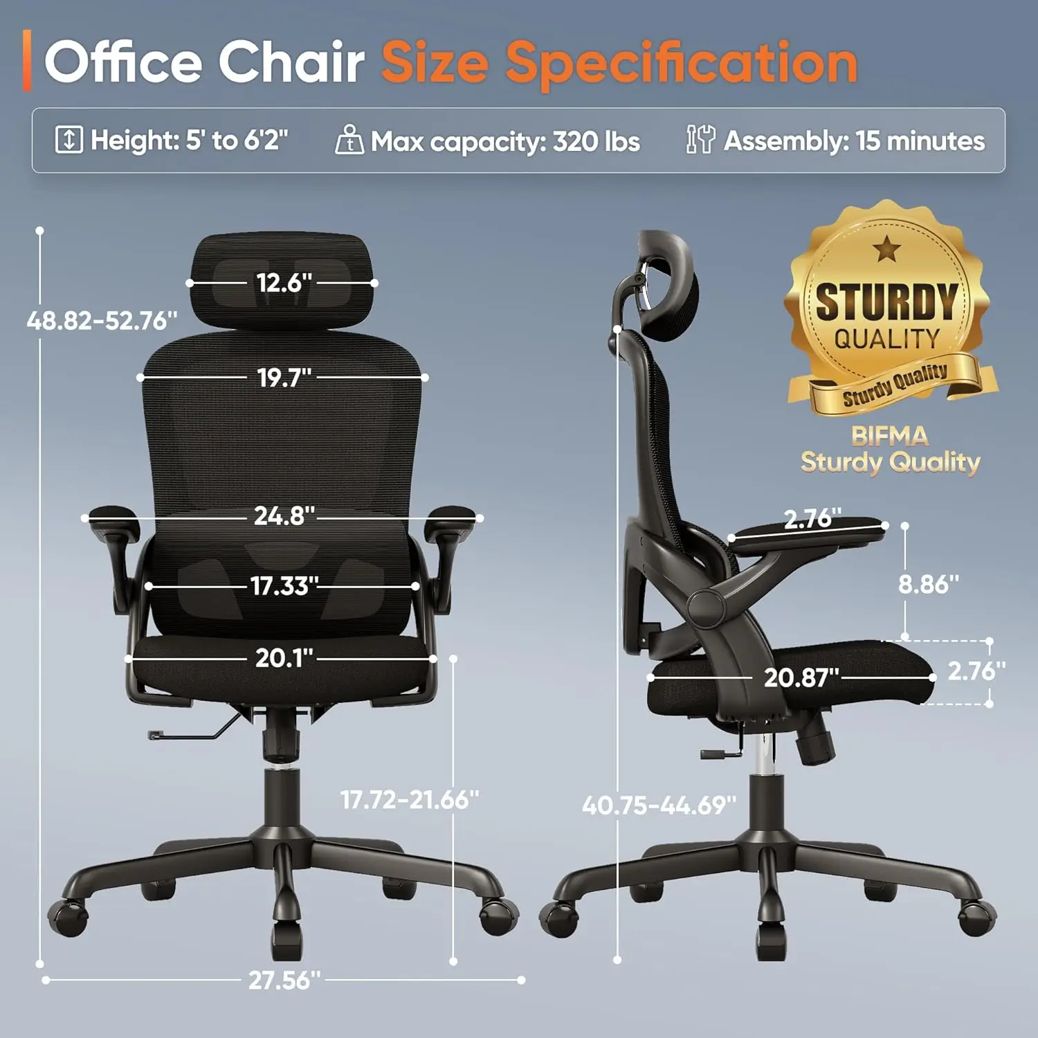 Ergonomic Office Chair, High Back Mesh Desk Chair with Adjustable Lumbar Support, Flip-Up Arms, Headrest, Tilt Function