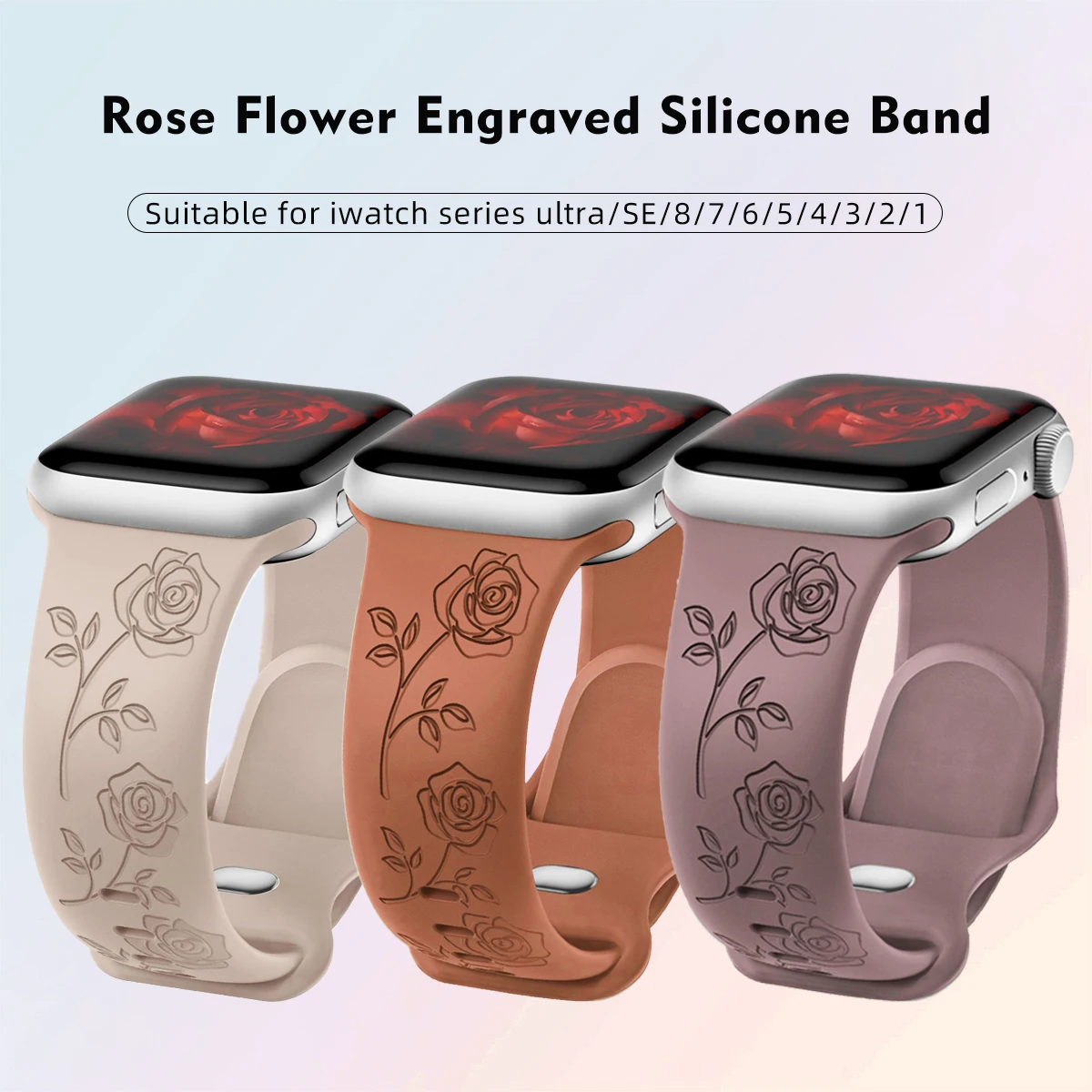 Correa de silicona suave para Apple Watch, correa de reloj de 38/40/41/42/44/45/49mm con textura rosa para Apple Watch Series 1 2 3 4 5 6 7 8 9