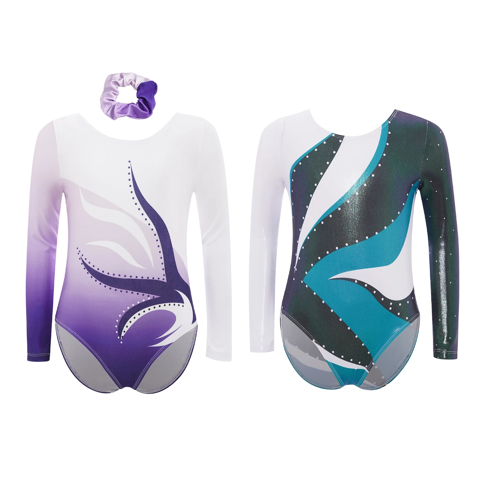 Tenue de danse de Ballet de gymnastique pour enfants filles, combinaison imprimée à col rond et manches longues pour exercices de gymnastique de classe de danse