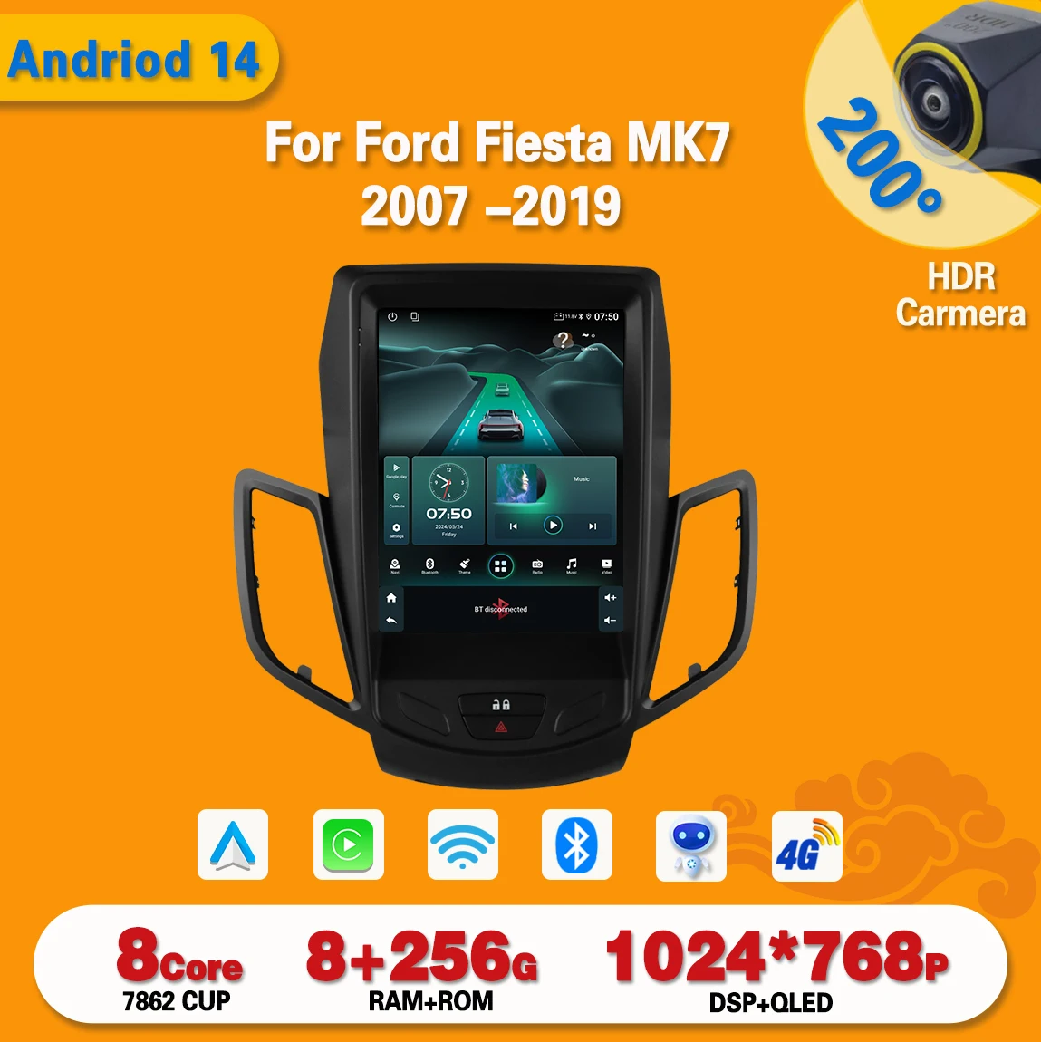 9.7 inch Android 14 For Ford Fiesta MK7 2009 -2017 Wireless Carplay Car Radio Stereo Multimedia Video Player GPS Navigation DSP