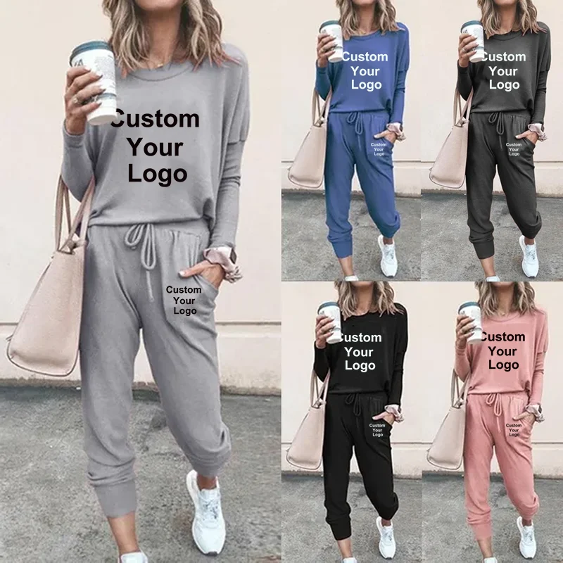 New Fashion Custom Your Logo Casual Two-Piece Suits Fashion Outfits Long Sleeve Sweatshirts Pullovers Pants Sportswear for Women